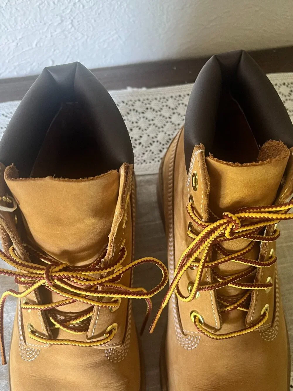 Timberland 6-Inch Premium Waterproof Boots in Wheat Nubuck color, boys size 3.